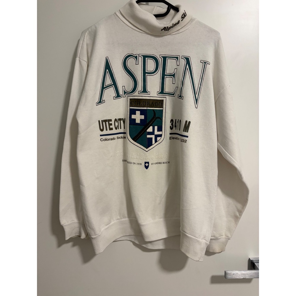 Vintage Aspen Colorado Ski Sweatshirt White Mock Neck Alpine Ute City Graphic L